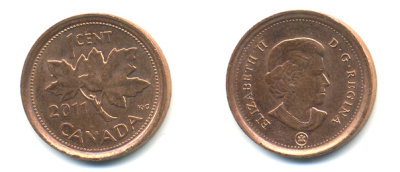 Канада 1 цент 2011 Елизавета II (1952-2022), кленовый лист KM 490 цинк плакированный медью 177-1162