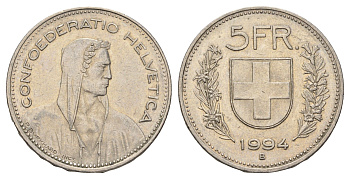 Швейцария 5 франков 1994 B KM 40a.4 медно-никель 4536-1044