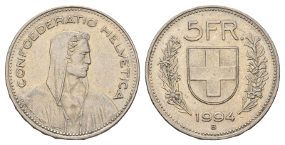 Швейцария 5 франков 1994 B KM 40a.4 медно-никель 4536-1044