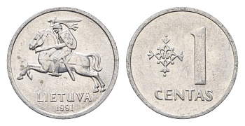 Литва 1 цент (сент) 1991 год-тип KM 85 алюминий aUNC 4689-1027