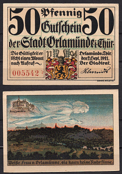 Германия, Орламюнде 50 пфеннигов 1921 P GrM: 1025.1a-3/7 бумага 7555-60-3-2