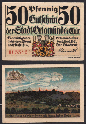 Германия, Орламюнде 50 пфеннигов 1921 P GrM: 1025.1a-3/7 бумага 7555-60-3-2