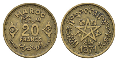 Марокко 20 франков 1952 AH 1371 Y 50 медь алюминий никель 4579-643