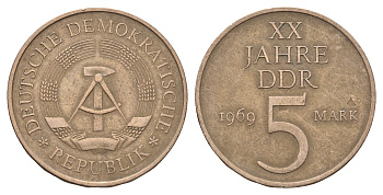ГДР 5 марок 1969 A, 20 лет ГДР KM 22.1, J. 1524 никель бронза 4389-1213