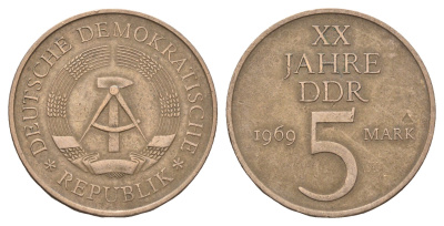 ГДР 5 марок 1969 A, 20 лет ГДР KM 22.1, J. 1524 никель бронза 4389-1213