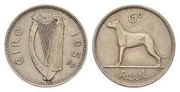 Ирландия 6 пенсов 1952 собака, ирландский волкодав KM 13a медно-никель 4690-332