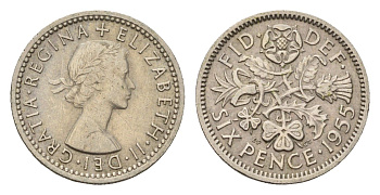 Великобритания 6 пенсов 1955 Елизавета II (1952-2022) KM 903, Spink 4149 медно-никель 100-527