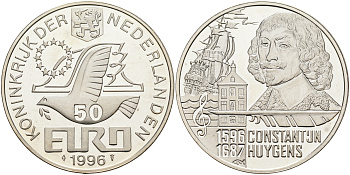 Нидерланды 50 евро 1996 Константейн Хёйгенс (1596-1687)  серебро  PROOF  00-00