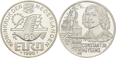 Нидерланды 50 евро 1996 Константейн Хёйгенс (1596-1687)  серебро  PROOF  00-00