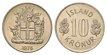 Исландия 10 крон 1976 KM 15 медно-никель UNC 4586-1014