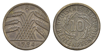 Германия 10 рентенпфеннигов 1924 A KM 33, J. 309 алюминиевая бронза 4684-1125