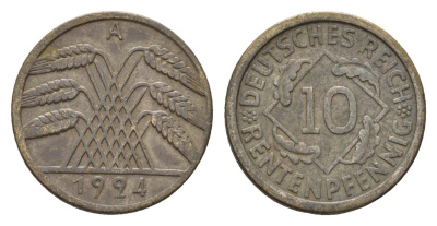 Германия 10 рентенпфеннигов 1924 A KM 33, J. 309 алюминиевая бронза 4684-1125