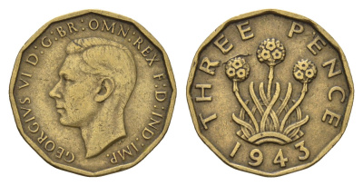 Великобритания 3 пенса 1943 Георг VI (1936-1952) KM 849, Spink 4112 никель латунь 77-137