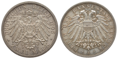 Любек 2 марки 1905 A, Weege 81, J. 81, KM 212 серебро 00-000-00