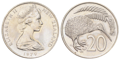 Новая Зеландия 20 центов 1979 Елизавета II (1952-2022), птичка киви KM 36 медно-никель UNC 4699-1116