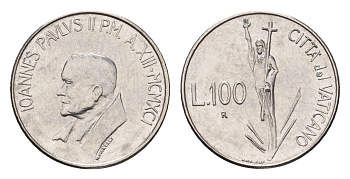 Ватикан 100 лир 1991 MCMXCI, год-тип, Иоанн Павел II (1978-2005) KM 231 нержавеющая сталь UNC 4649-1238