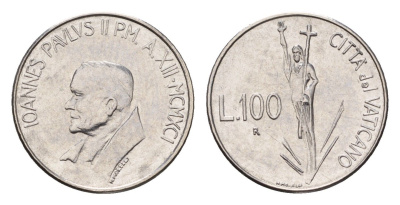 Ватикан 100 лир 1991 MCMXCI, год-тип, Иоанн Павел II (1978-2005) KM 231 нержавеющая сталь UNC 4649-1238