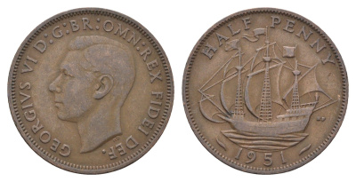 Великобритания 1/2 пенни 1951 Георг VI (1936-1952) KM 868, Spink 4118 бронза    4660-631