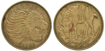 Эфиопия 10 центов 1969 лев, гора, антилопа KM 45.1 медь цинк 4163-1124