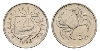 Мальта 5 центов 1986 год-тип, краб KM 77 медно-никель UNC 4689-1143