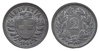 Швейцария 2 раппена 1944 B KM 4.2b цинк 46-952