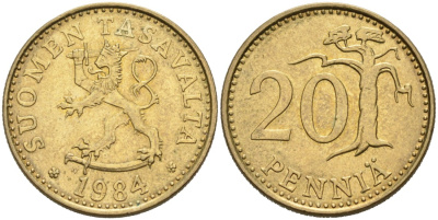 ФИНЛЯНДИЯ 20 ПЕННИ 1984 N KM 47 алюминиевая бронза 4563-335