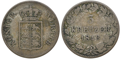Вюртемберг 3 крейцера 1843 Вильгельм I (1816-1864) KM 591 серебро    220-937