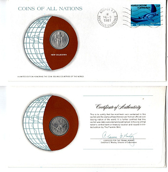 Новая Каледония 1 франк 1977 конверт с маркой первого дня гашения, Coins of Nations KM 10 алюминий UNC 9-1-01-70