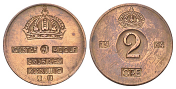 Швеция 2 эре 1964 U, Густав VI Адольф (1950-1973) KM 821 бронза 4701-535
