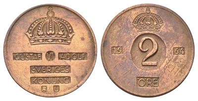 Швеция 2 эре 1964 U, Густав VI Адольф (1950-1973) KM 821 бронза 4701-535