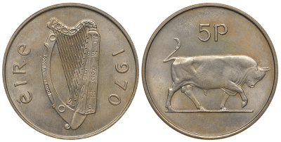 Ирландия 5 пенсов 1970 бык KM 22 медно-никель 51-144