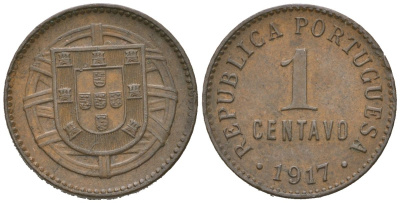 Португалия 1 сентаво 1917 KM 565 бронза 4611-236