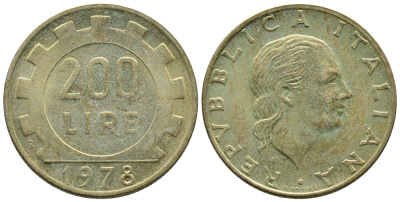 Италия 200 лир 1978 R, шестерня KM 105 алюминиевая бронза 3459-152