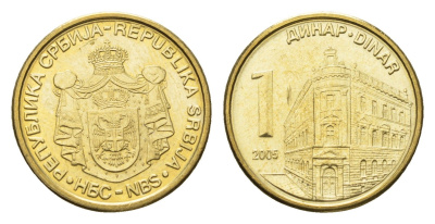 Сербия 1 динар 2005 KM 39 никель латунь UNC 4689-1012