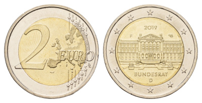 Германия 2 евро 2019 F, 70 лет Бундесрату KM 377 биметалл UNC 72-1746