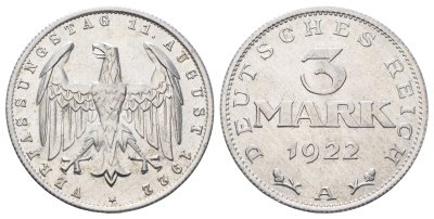 Германия 3 марки 1922 A, 3-я годовщина Веймарской конституции KM 29 алюминий UNC 4654-641