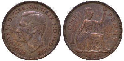 Великобритания 1 пенни 1937 Георг VI (1936-1952) KM 845, Spink 4114 бронза 4131-426