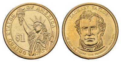 США 1 доллар 2009 P, серия президенты США, Закари Тейлор (1849-1850) KM 453 медь с марганцево-латунным покрытием UNC 4698-927