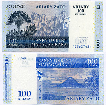 Мадагаскар 100 ариари (500 франков) 2004 заповедник, пейзаж с вулканом,  подпись 5 Pick 86 а бумага UNC (пресс) 8611-42-2-2