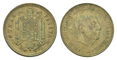 Испания 1 песета 1966 (75) Франциско Франко (1939-1975) KM 796 алюминиевая бронза 4616-917