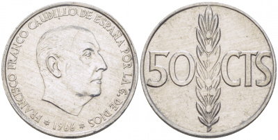 ИСПАНИЯ 50 СЕНТИМО 1966 (73) ФРАНСИСКО ФРАНКО ДИКТАТОР ИСПАНИИ (1939-1975) KM 795 алюминий 3718-331
