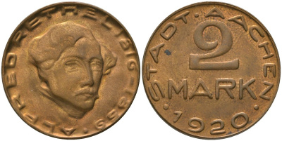 Ахен (Пруссия, Рейн) 2 марки 1920 Funck 1.17, Men05 70.63, Men18 99.63 латунь 4163-925