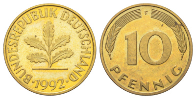 ФРГ 10 пфеннигов 1992 F KM 108, J. 383 сталь плакированная латунью 4697-557
