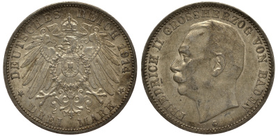 Баден 3 марки 1914 Фридрих II (1907-1918) J. 39, KM 280 серебро    3711-1743