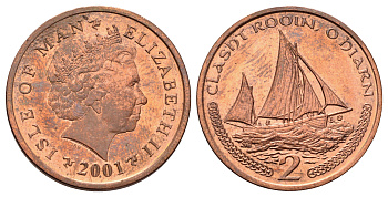 Остров Мэн 2 пенса 2001 Елизавета II (1952-2022) KM 1037 сталь плакированная медью UNC 4666-356
