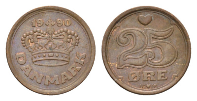Дания 25 эре 1990 LG, Маргрете II (1972-2024) KM 868 бронза 4701-939