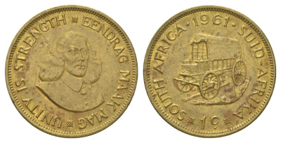ЮАР 1 цент 1961 Ян ван Рибек (1619-1677), голландский исследователь, повозка KM 57 латунь 3897-1223