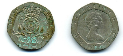 Великобритания 20 пенсов 1982 Елизавета II (1952-2022) KM 931, Spink 4230 (G1) медно-никель 4110-945