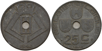 Бельгия 25 сантимов 1943 Belgie - Belgique, Леопольд III (1934-1947), германская оккупация, Вторая мировая война KM 132 цинк 4157-535