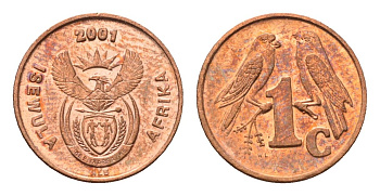 ЮАР 1 цент 2001 герб, капские воробьи KM 221 сталь плакированная медью UNC 4694-155